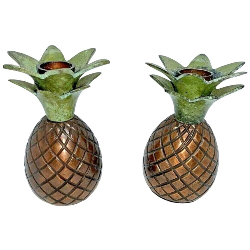 Vintage Pair Tropical Brass Pineapple Taper Candle Holders Mid-Century Modern